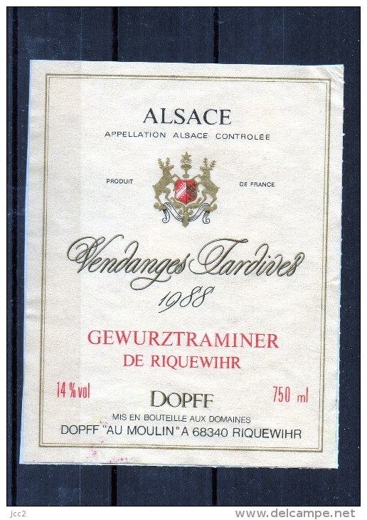 GEWURZTRAMINER - Vendanges Tardives 1988  (Etiquette Collée Sur Feuille D´expo) - Gewurztraminer