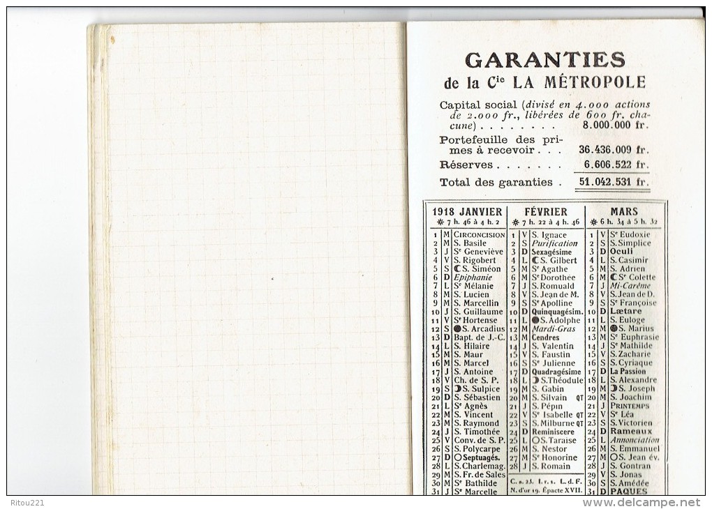 Publicité - Compagnie D´ASSURANCES LA METROPOLE 1918 Calendrier / Crédit Foncier De France - Cahier De Brouillon Enfant - Bank En Verzekering
