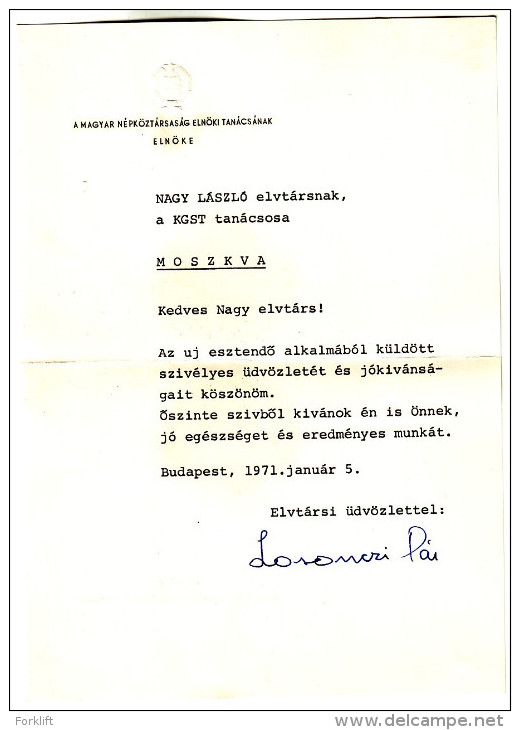 Hungary Original Autograph Signature Pál Losonczi Chairman Of The Hungarian Presidential Council  From 1967 To 1987 - Politiques & Militaires