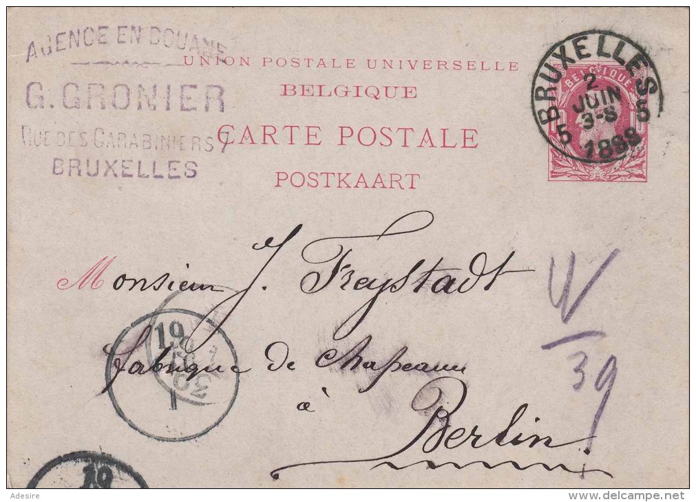 BELGIEN 1888 - 10 C Ganzsache Auf Postkarte Gelaufen 1988 Von Bruxelles Nach Berlin - 1884-1891 Leopold II.