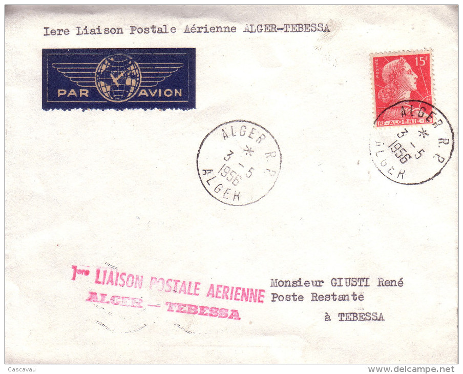 Enveloppe  ALGERIE    1er  Vol  Postal      ALGER - TEBESSA       ALGER    1956 - Lettres & Documents