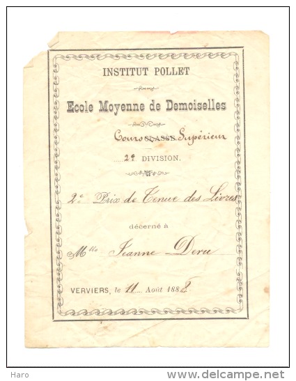 VERVIERS 1888 - Institut POLLET - Ecole Moyenne De Demoiselles - Prix  Décerné à Jeanne Deru (b146) - Diplomas Y Calificaciones Escolares