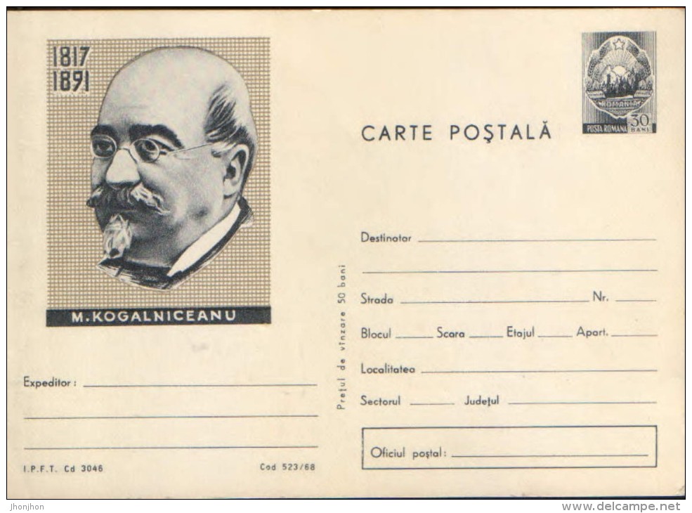 Romania, Stationery Postcards,unused 1968 - Mihail Kogalniceanu,Writter And Freemason Romanian - Francmasonería