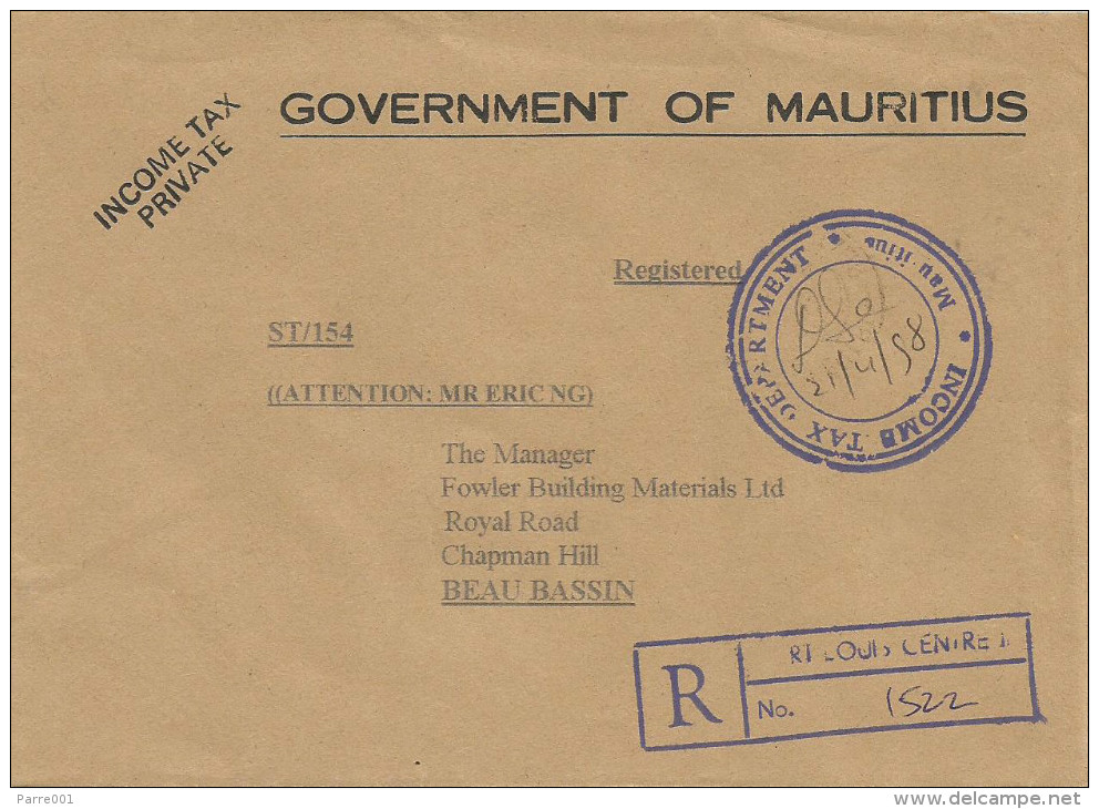 Mauritius Maurice 1998 Port Louis Centre 1 Income Tax Unfranked Postage Paid Official Domestic Registered Cover - Mauritius (1968-...)