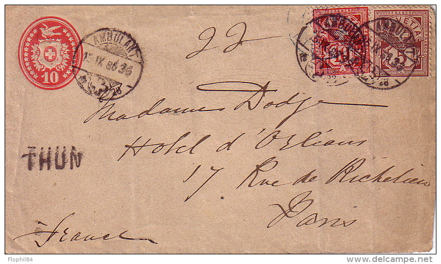 SUISSE - AMBULANT - THUN - DU 15-9-1886 BEL AFFRANCHISSEMENT ENTIER POSTAL + TIMBRE POUR LA FRANCE. - Cartas & Documentos