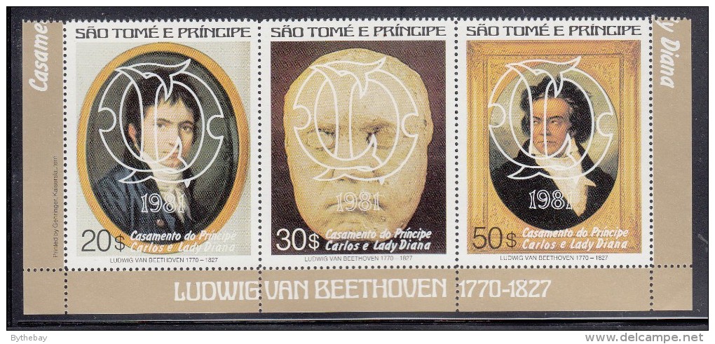 Sao Tome Et Principe MNH Scott #617 Strip Of 3 Beethoven Overprinted In White Royal Wedding Charles And Diana - Sao Tome Et Principe