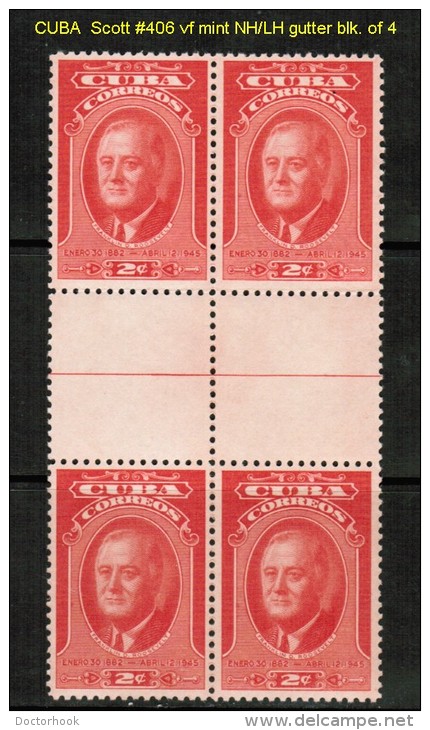 CUBA   Scott  # 406**  VF MINT NH GUTTER BLOCK Of 4 - Neufs