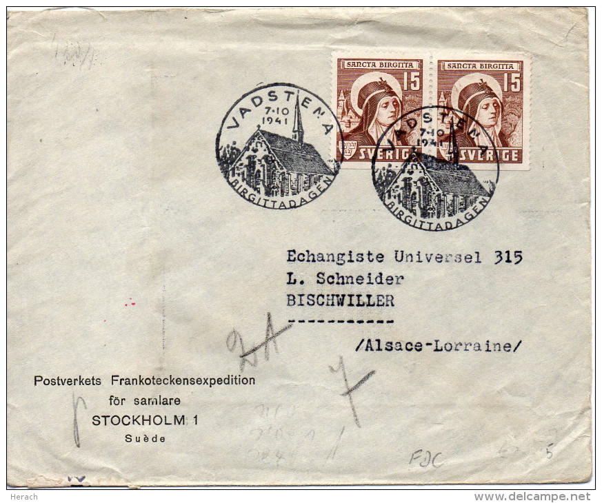 SUEDE LETTRE CENSUREE POUR L'ALSACE 1941 - 1930- ... Francobolli In Bobina II