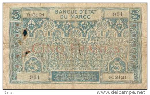 T MAROC MOROCCO MAROKKO BILLET 5F NON DATE (1931) N° N.3121 ETAT MOYEN - Marokko