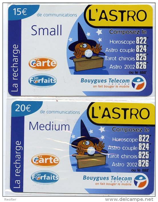 @+ Série De 2 Recharges Bouygues Telecom Caraïbes Différentes - DOM - L'Astro (15 Et 20€) - Antilles (Françaises)