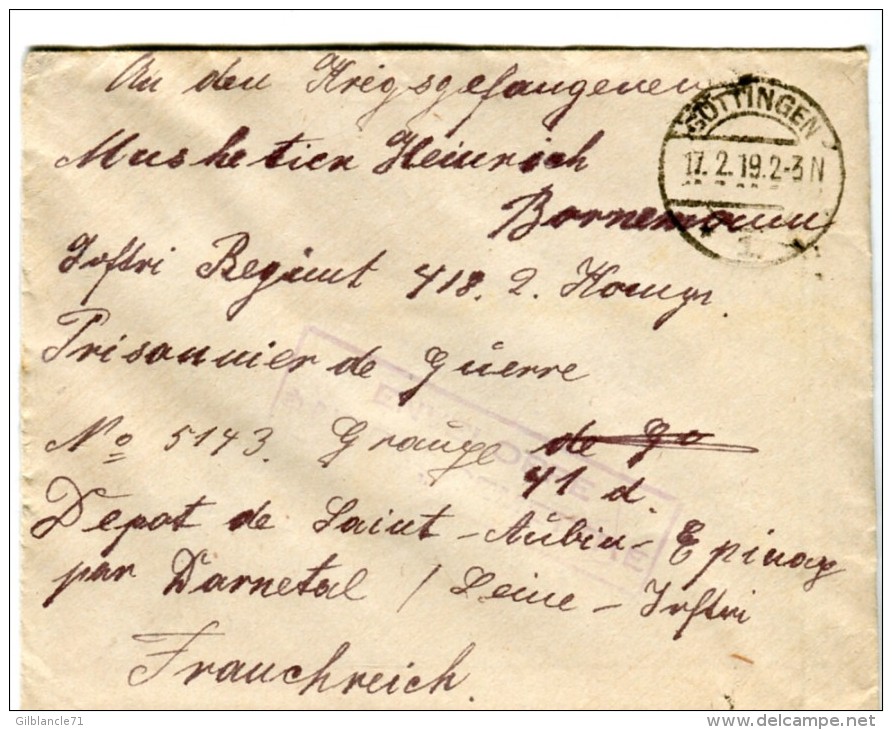 14 18-courrier De GOTTINGEN Allemagne Pour P G Allemand Au Dépôt De Saint-Aubin-Epinay 76 - 1914-18