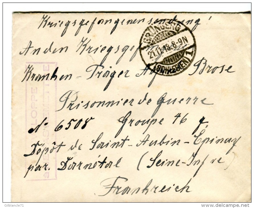 14 18-courrier De GRÜNBERG Allemagne Pour P G Allemand Au Dépôt De Saint-Aubin-Epinay 76-Cachet - 1914-18