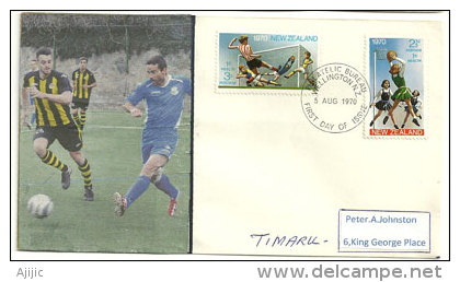 Le Football En Nouvelle-Zélande  (série Football / Baskett Ball émis En 1970) Sur FDC  Adressée à Timaru (île Du Sud) - FDC