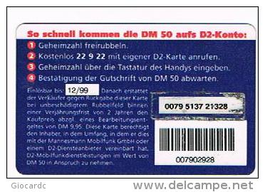 GERMANIA (GERMANY) - D2 PRIVAT (RECHARGE) -  DEM 50 (PHONE 22922 EXP. 12.99)       - USED ° - RIF. 8023 - GSM, Voorafbetaald & Herlaadbare Kaarten