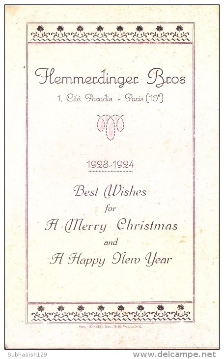 VERY OLD & VINTAGE GREETINGS CARD - 1924 CHRISTMAS AND NEW YEAR GREETINGS CARD - PRINTED AT FRANCE - Other & Unclassified