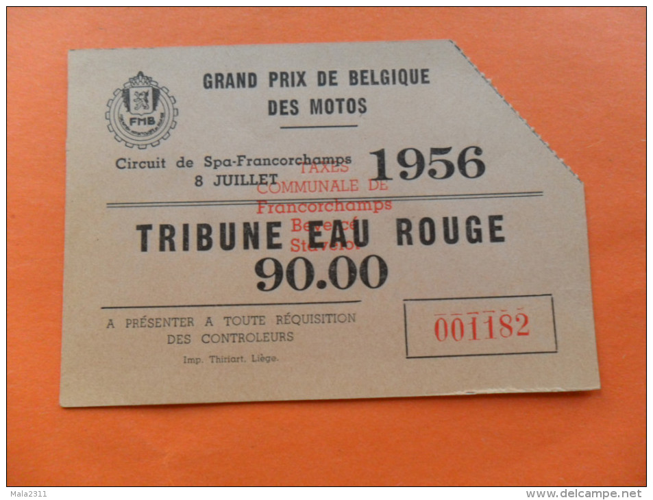 1 ANCIEN TICKET / GD PRIX DE BELG. MOTOS FRANCORCHAMPS 1956 - Tickets D'entrée