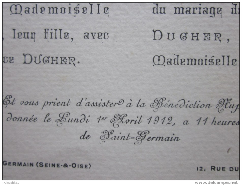 Faire Part De Mariage Bénédiction Nuptiale Donnée Le Lundi 1er Avril 1912 église Saint-Germain Poissy Seine-et-Oise - Boda