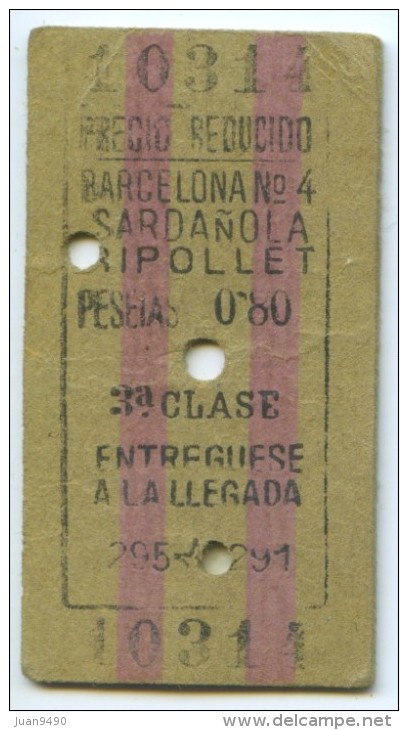 TICKET EDMONDSON DE FERROCARRIL // BARCELONA - SARDAÑOLA, RIPOLLET // 1931 // (N+TC) - Europe