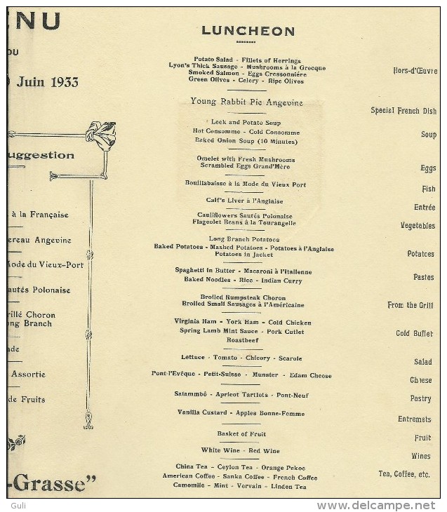 MENU Paquebot S.S.DE GRASSE 10 Juin 1933-Croisière  Cie Gle TRANSATLANTIQUE FRENCH LINE Illustration G.PLASSE :  Azay - Menus