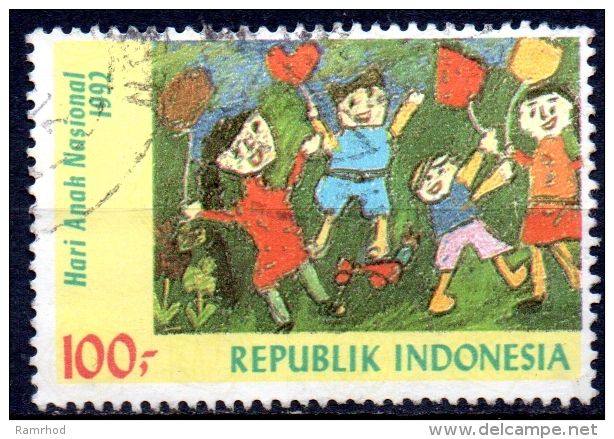 INDONESIA 1992 National Children´s Day. Children´s Paintings - 100r. - Children With Balloons (Cynthia Widiyana Hali FU - Indonésie