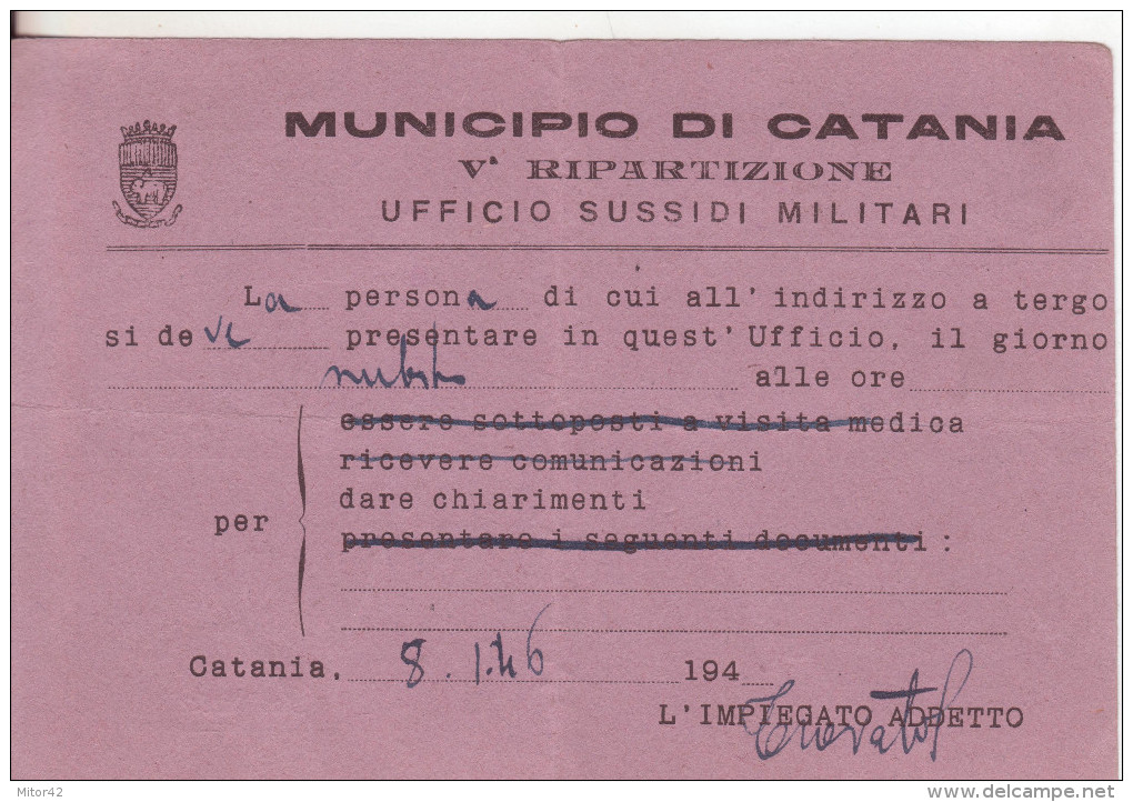 24*-Tassate-Segnatasse-Regno-Tassa A Carico Del Destinatario-Cartolina Ufficio Sussidi Militari Tassata 60c-Catania-1946 - Strafport