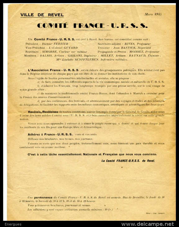 II Guerre Mondiale, Mars 1945, Revel, Comité France-U.R.S.S. Docteur Ferrier, Colonel Guyard - Documents Historiques
