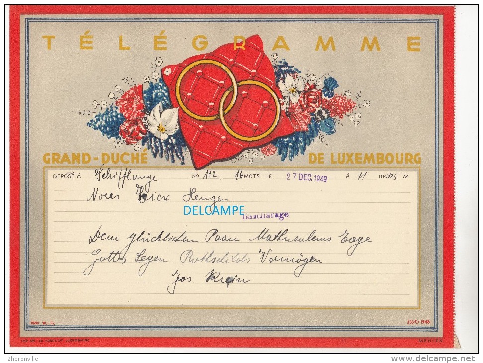 Télégramme Ancien Du Grand Duché Du Luxembourg - Déposé à SCHIFFLANGE En 1949 - Noces à BASCHARAGE - Voir Famille - Autres & Non Classés