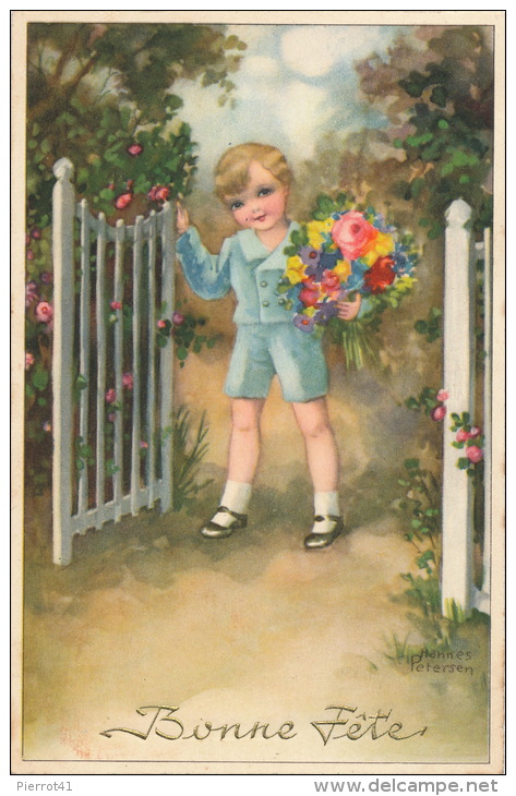 ENFANTS - Jolie Carte Fantaisie Petit Garçon Et Bouquet De Fleurs "Bonne Fête" Signée HANNES PETERSEN - Petersen, Hannes