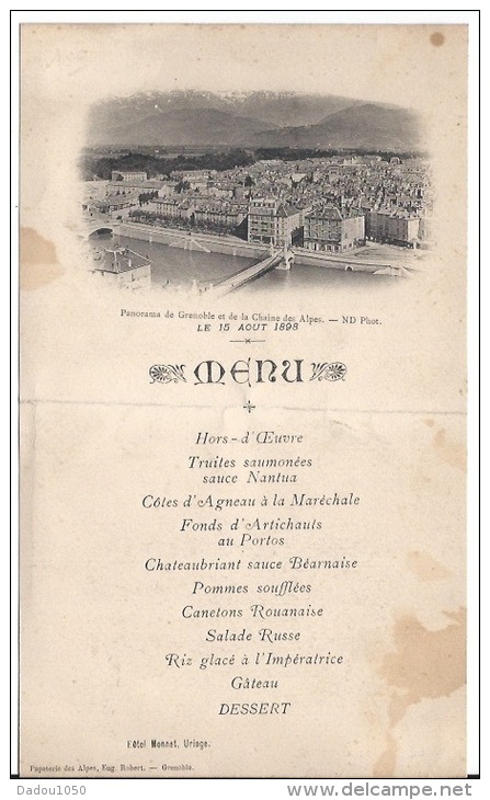 Menu   Du 15 Aout 1898 à Uriage - Menus