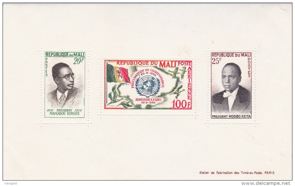 MALI -BLOC FEUILLET NEUF XX -N° 1 - ANNEE 1961-ADMISSION NATIONS UNIES- - Mali (1959-...)