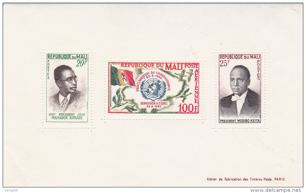 MALI -BLOC FEUILLET NEUF XX -N° 1 - ANNEE 1961-ADMISSION NATIONS UNIES- - Malí (1959-...)