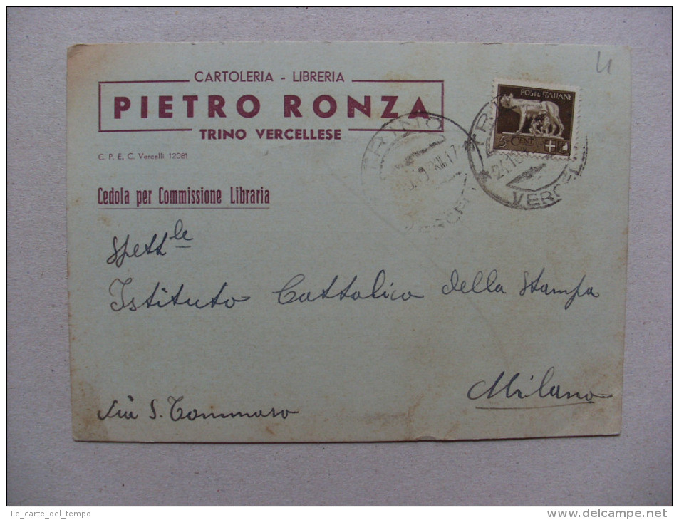 Cartolina Cartoleria - Libreria PIETRO RONZA. Trino Varcellese (Vercelli) 1940 - Pubblicitari