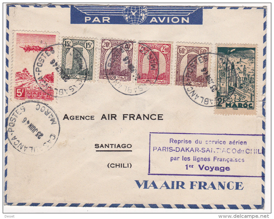 Morocco 1946 Flight Cover Paris - Dakar - Santiago De Chile Sent From Casablanca - First Flight Covers