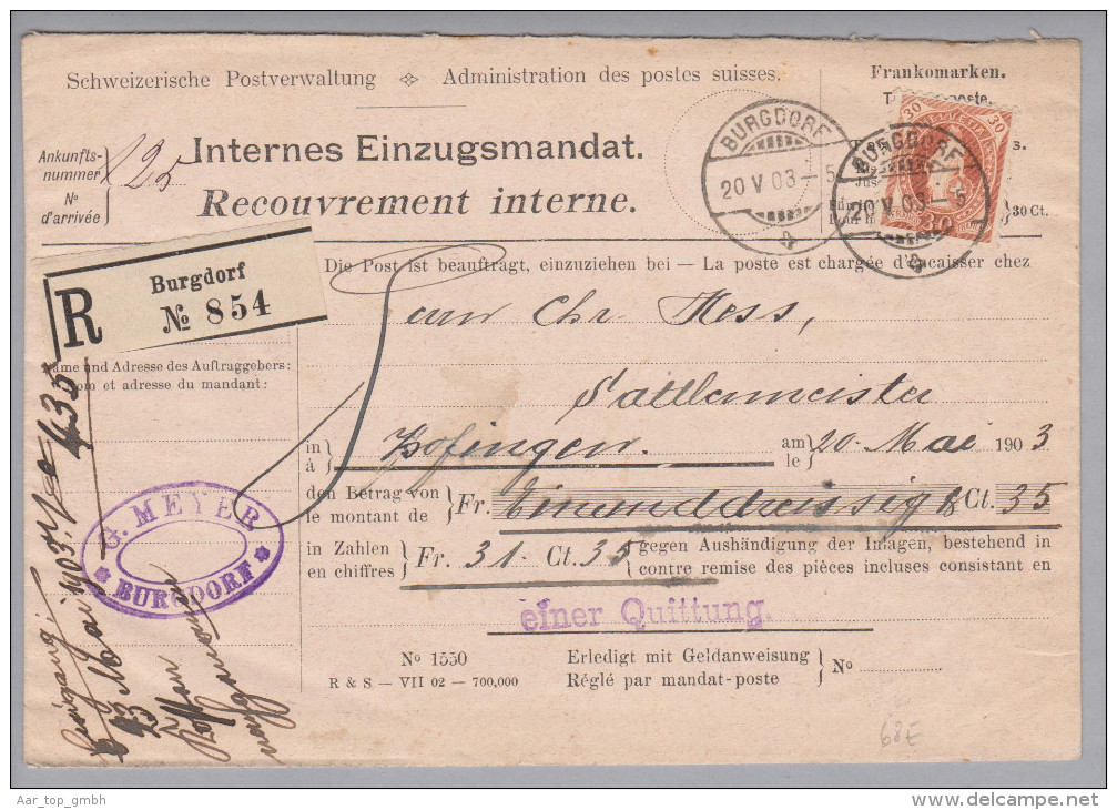Heimat BE Burgdorf 1903-05-20 R-Einzugsmandat 30Rp. Stehende Helvetia Zu#68E - Lettres & Documents