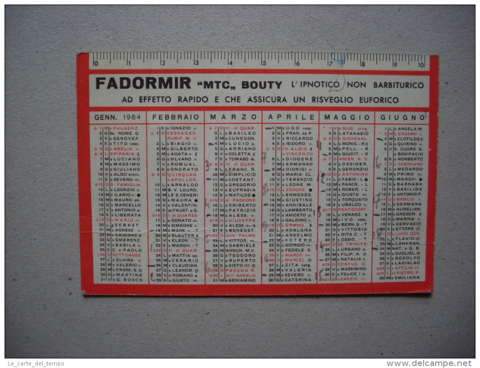 Calendario/calendarietto FADORMIR "MTC" Bouty - L'ipnotico Non Barbiturico. Farmacia Dott.Usuelli MILANO 1964 - Grand Format : 1961-70