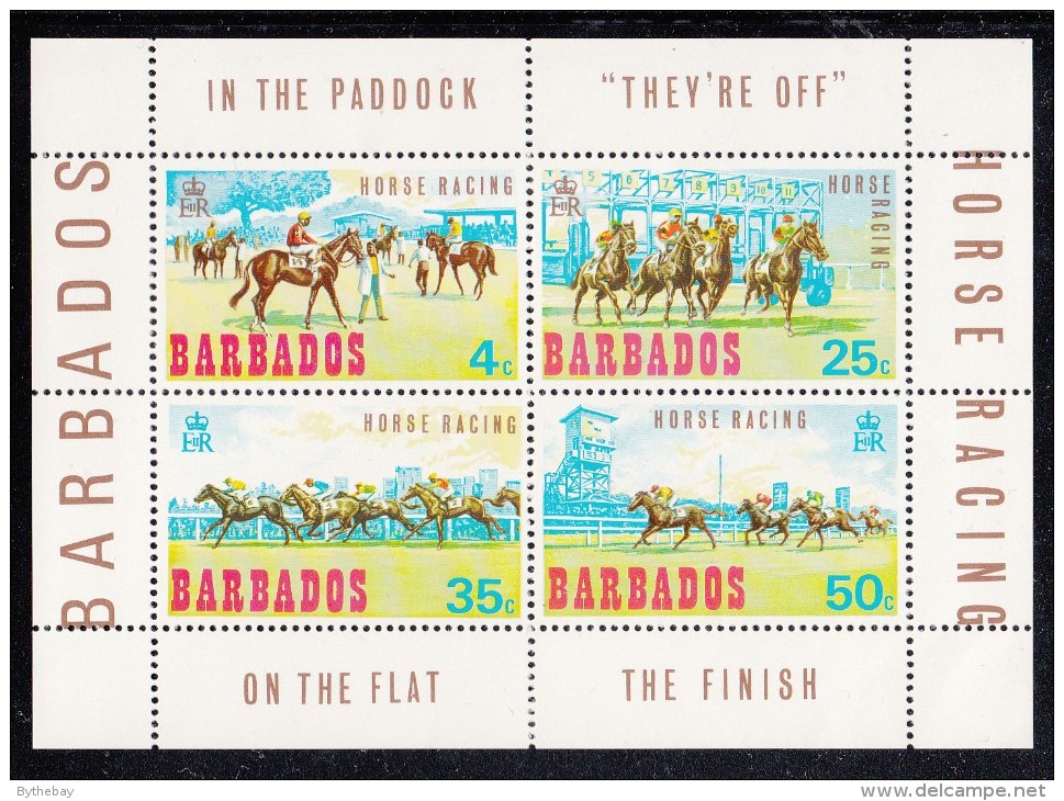 Barbados MNH Scott #315a Souvenir Sheet Of 4 Horse Racing - In The Paddock, "They're Off", On The Flat, The Finish - Barbades (1966-...)