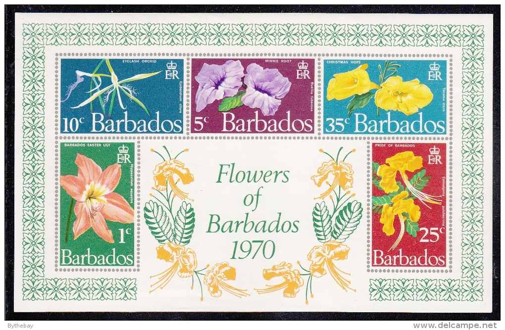Barbados MNH Scott #352a Souvenir Sheet Of 5 Flowers -  Lily, Minnie Root, Orchid, Pride Of Barbados, Christmas Hope - Barbades (1966-...)
