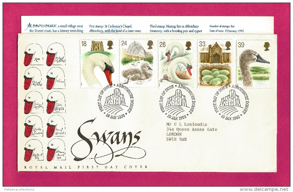 GB GREAT BRITAIN 1993 Grande Bretagne - SWANS - 5v FDC & Brochure - FAUNA VOGELS ZWAAN ZWANEN BIRDS VÖGEL AVES OISEA - Cisnes