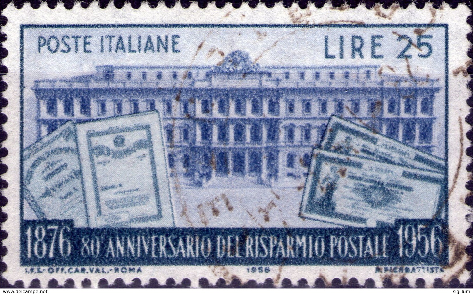 VARIETA 1956 - RISPARMIO POSTALE - PALAZZO SPOSTATO A DESTRA - Varietà E Curiosità