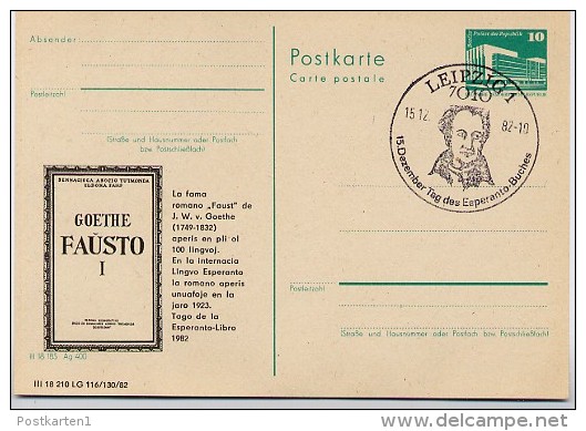 ESPERANTO GOETHE "FAUST I"  DDR P 84-12-82 C10 Postkarte Zudruck Leipzig Sost. 1982 - Esperanto