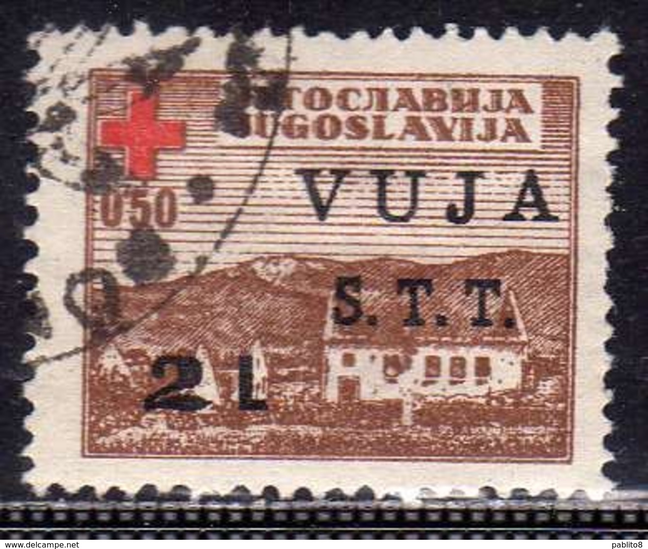 TRIESTE B 1948 SOPRASTAMPATO DI JUGOSLAVIA YUGOSLAVIA OVERPRINTED CROCE ROSSA RED CROSS 2 LIRE SU 0.50 D USATO USED - Oblitérés