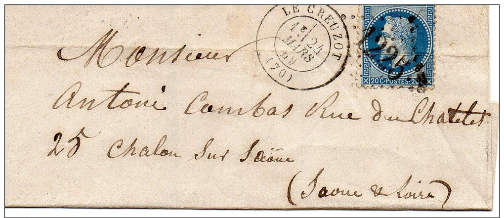 FRANCE LETTRE DE LE CREUZOT      POUR  CHALON / SAONE       DATEE  69 - 1849-1876: Période Classique