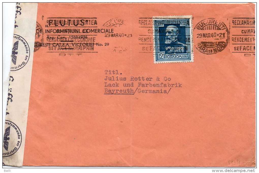 ROUMANIE LETTRE CENSUREE POUR L'ALLEMAGNE 1940 - Postmark Collection