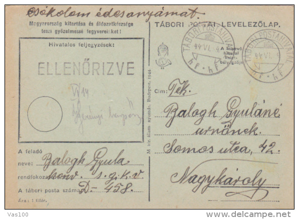 PRIVATE POSTCARD, SENT FROM HUNGARY TO ROMANIA, 1944 - Lettres & Documents