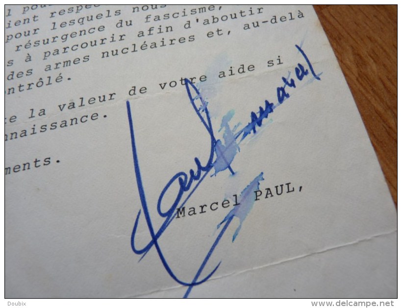 Marcel PAUL (1900-1982) - Résistant - Député Haute Vienne - MINISTRE - Autographe - Autres & Non Classés