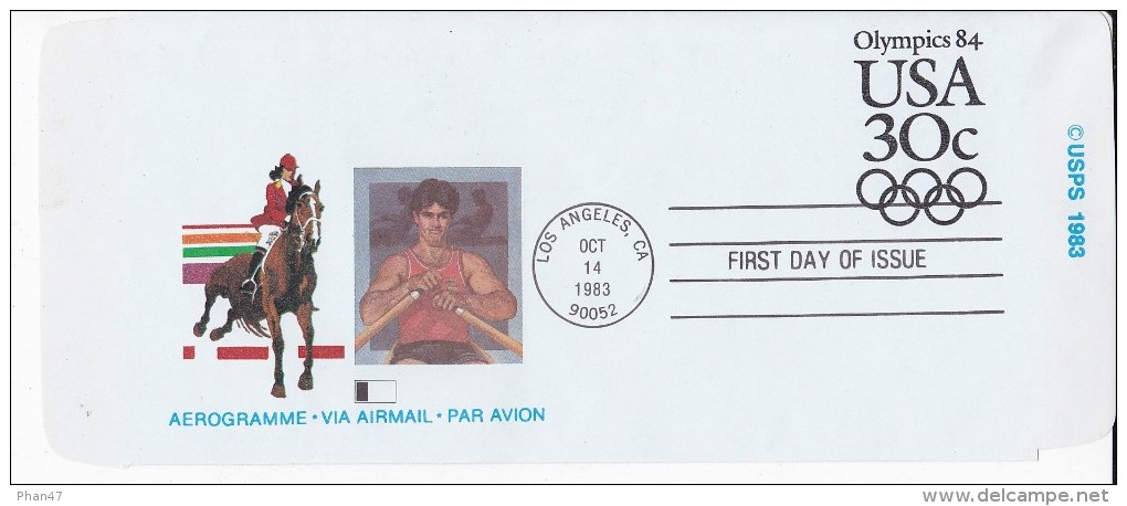 USA, LOS ANGELES, AEROGRAMME, Jeux Olympiques 1984, Equitation, Aviron J.O., FDC 14/10/1983 - Autres & Non Classés