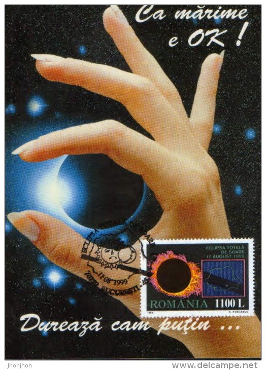 Romania-  Maxicard,carte Postale Maximum 1999-Astrology, Total Eclipse Of The Sun -Size Is OK! Lasts For A Little  .. - Astrologie