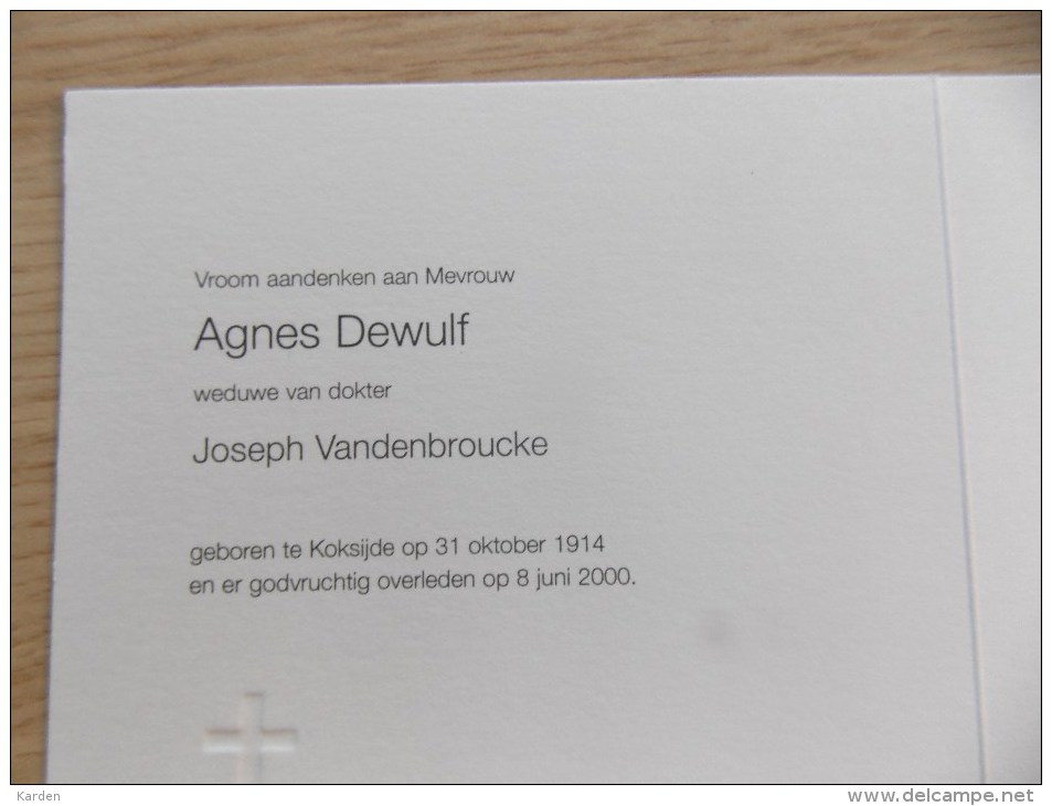 Doodsprentje Agnes Dewulf Koksijde 31/10/1914 - 8/6/2000 ( Joseph Vandenbroucke ) - Religione & Esoterismo