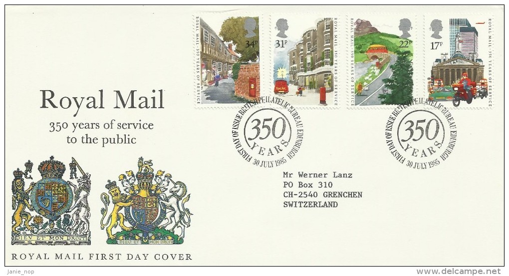 Great Britain 1985 350th Anniversary Of Royal Mail Addressed FDC - 1981-1990 Decimal Issues