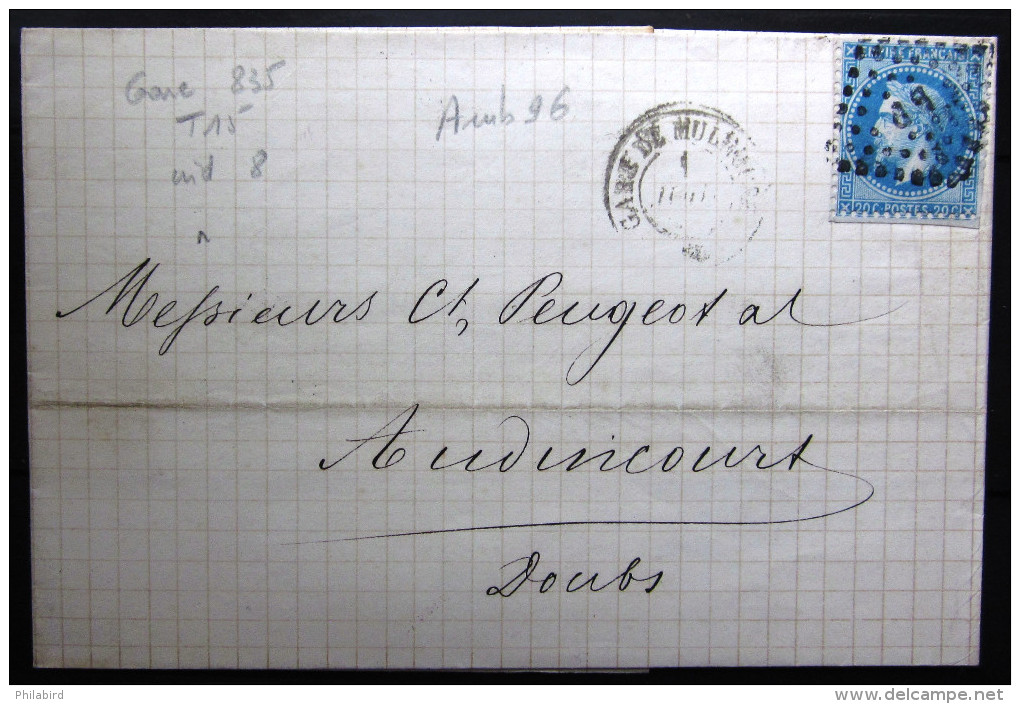 Cachet  GARE DE MULHOUSE  N° 835 + Ambulant  --  Sur Type 15  --  HAUT RHIN  --  1868  --  LAC  --  INDICE 8 - Poste Ferroviaire